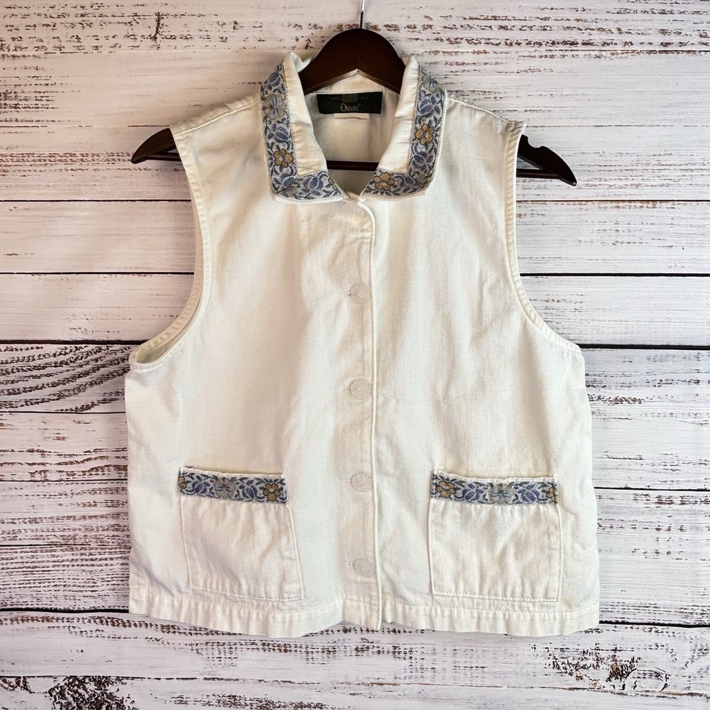 Vintage Orvis Cotton Canvas Vest S Collared Floral Tapestry Trim Cottage Kitsch‎